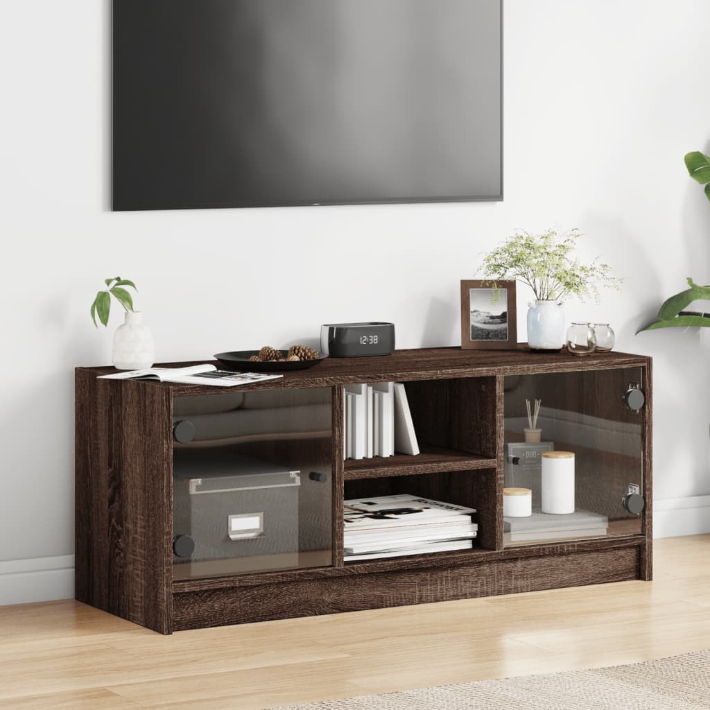 Tv-meubel met glazen deuren 102x37x42 cm bruin eikenkleur is nu te koop bij PeponiXL, paradijselijk wonen!