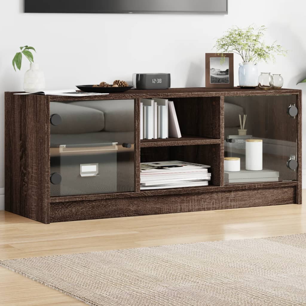 Tv-meubel met glazen deuren 102x37x42 cm bruin eikenkleur is nu te koop bij PeponiXL, paradijselijk wonen!