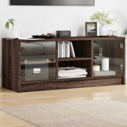 Tv-meubel met glazen deuren 102x37x42 cm bruin eikenkleur is nu te koop bij PeponiXL, paradijselijk wonen!