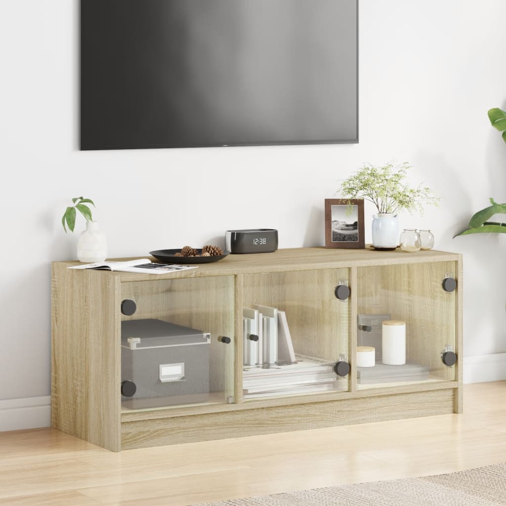 Tv-meubel met glazen deuren 102x37x42 cm sonoma eikenkleurig is nu te koop bij PeponiXL, paradijselijk wonen!