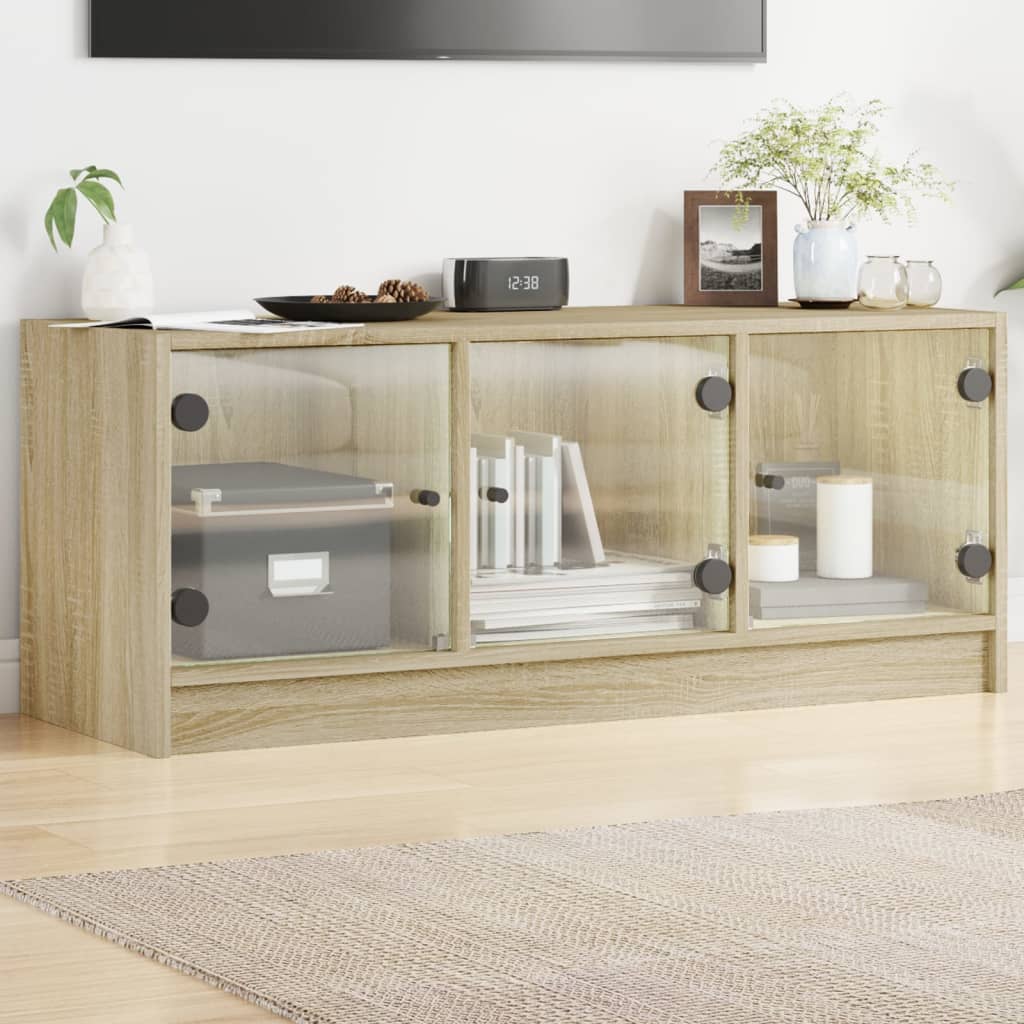 Tv-meubel met glazen deuren 102x37x42 cm sonoma eikenkleurig is nu te koop bij PeponiXL, paradijselijk wonen!