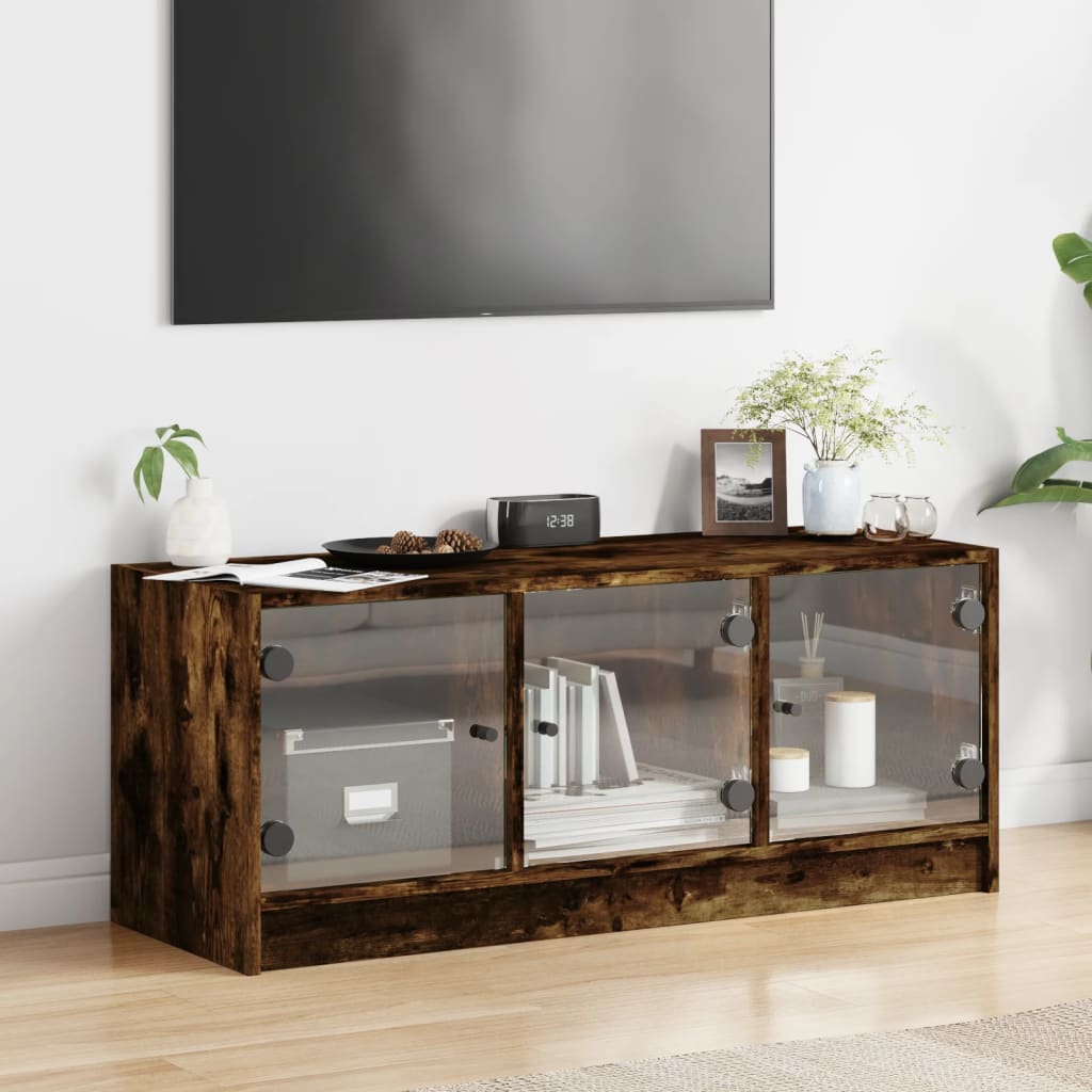 Tv-meubel met glazen deuren 102x37x42 cm gerookt eikenkleurig is nu te koop bij PeponiXL, paradijselijk wonen!