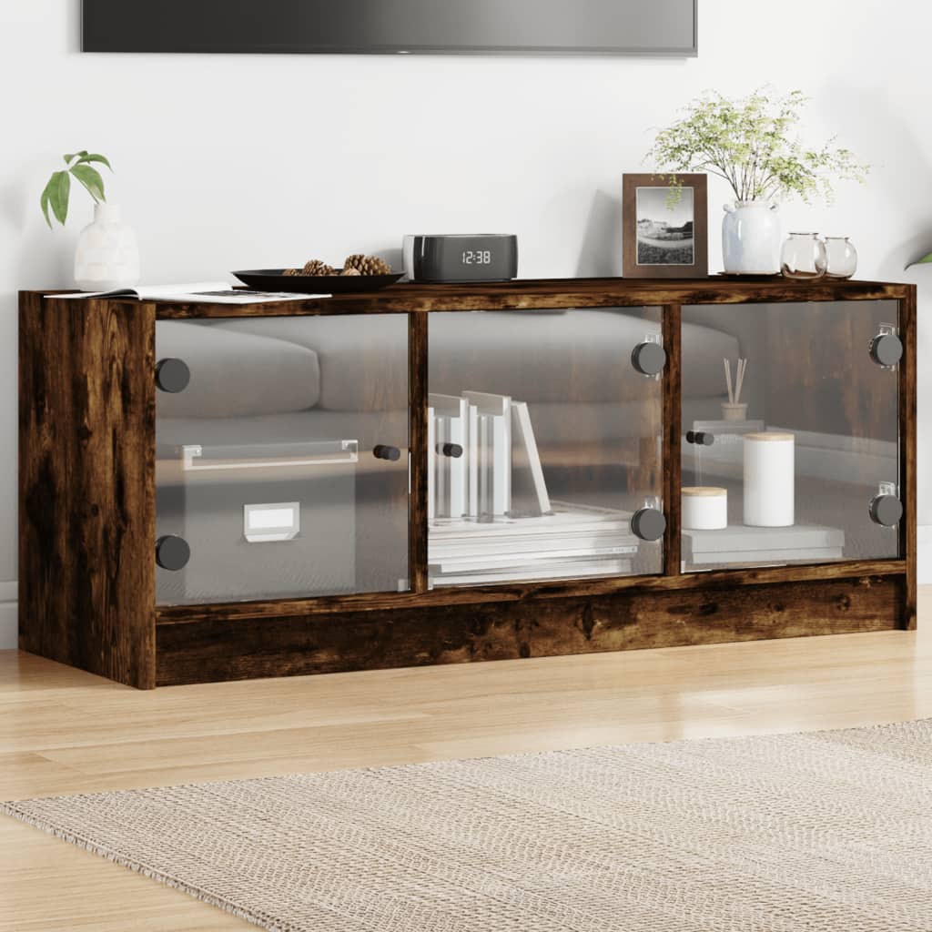 Tv-meubel met glazen deuren 102x37x42 cm gerookt eikenkleurig is nu te koop bij PeponiXL, paradijselijk wonen!