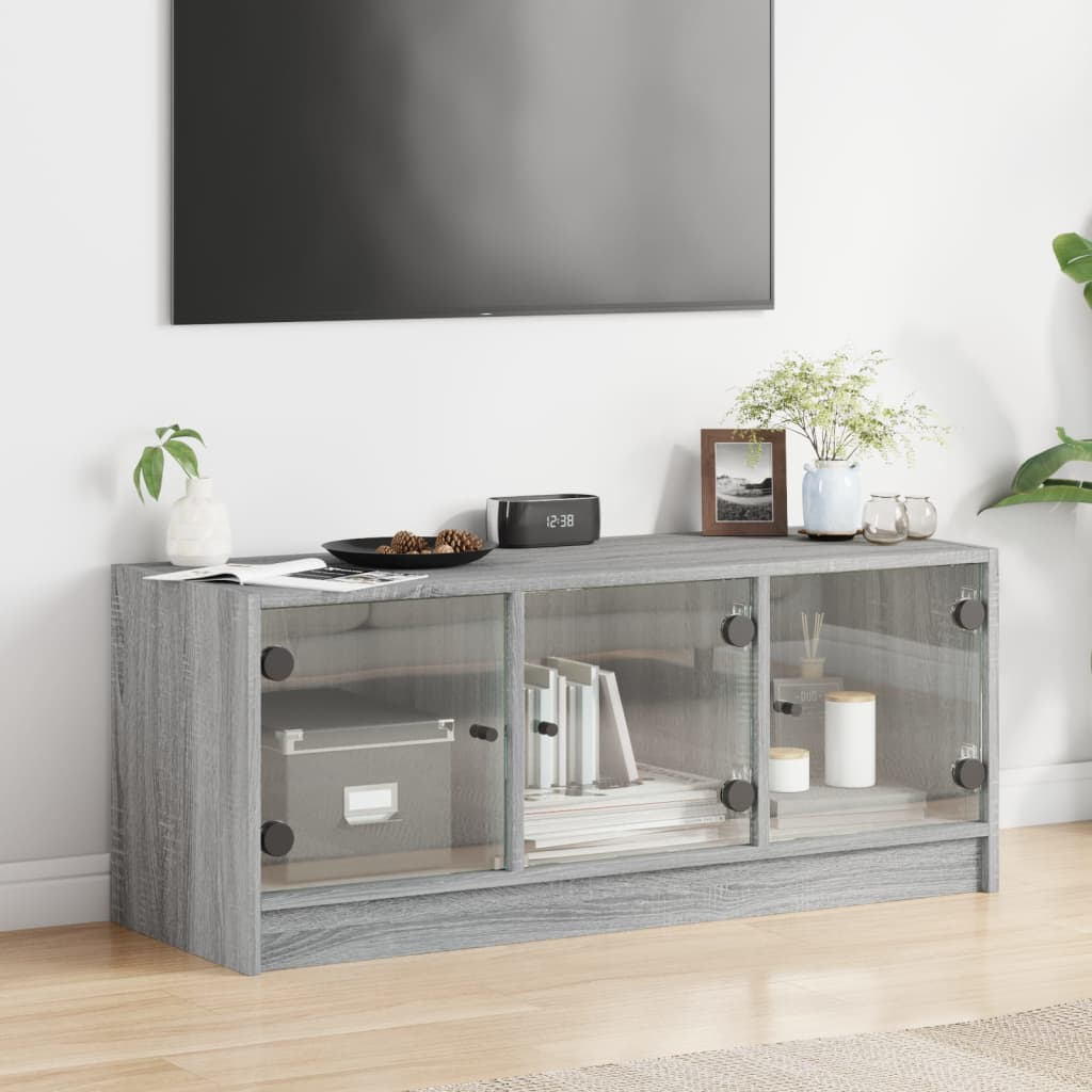 Tv-meubel met glazen deuren 102x37x42 cm grijs sonoma eiken is nu te koop bij PeponiXL, paradijselijk wonen!