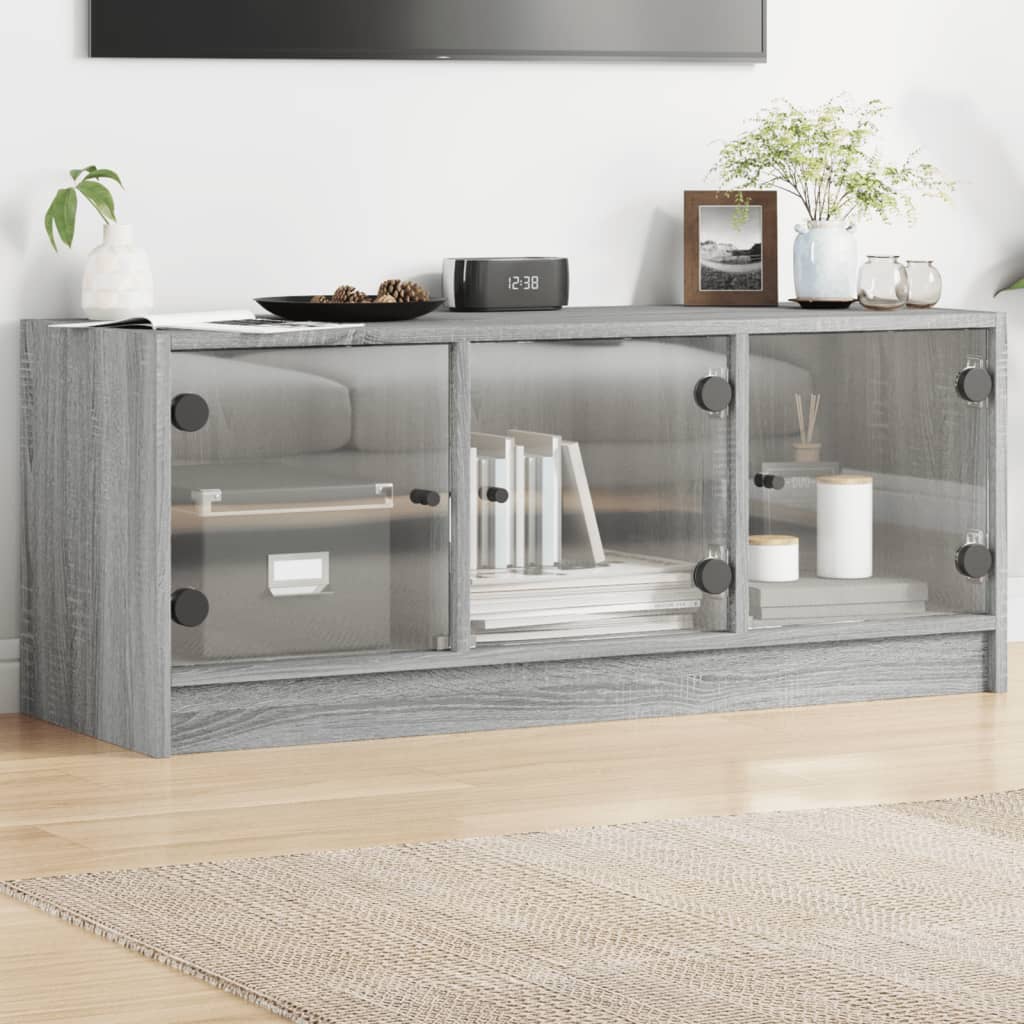 Tv-meubel met glazen deuren 102x37x42 cm grijs sonoma eiken is nu te koop bij PeponiXL, paradijselijk wonen!