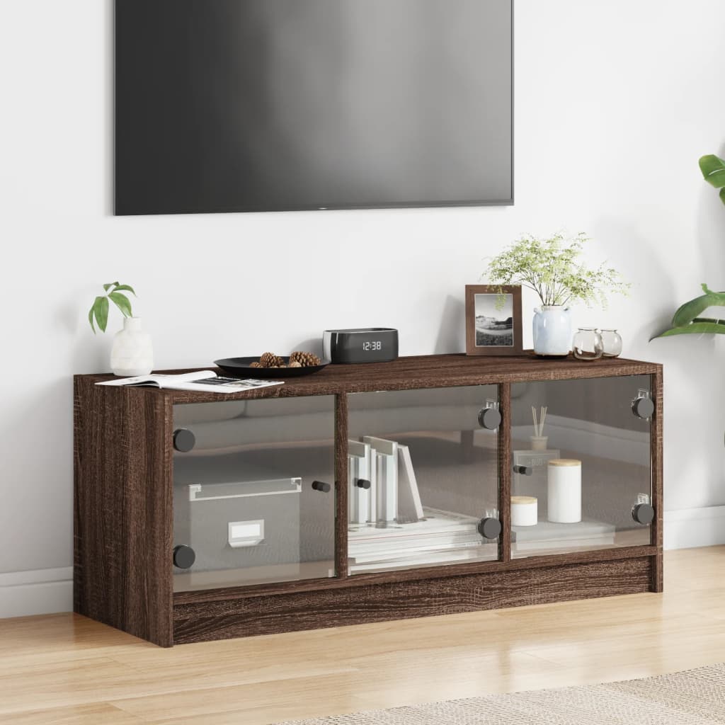 Tv-meubel met glazen deuren 102x37x42 cm bruin eikenkleur is nu te koop bij PeponiXL, paradijselijk wonen!