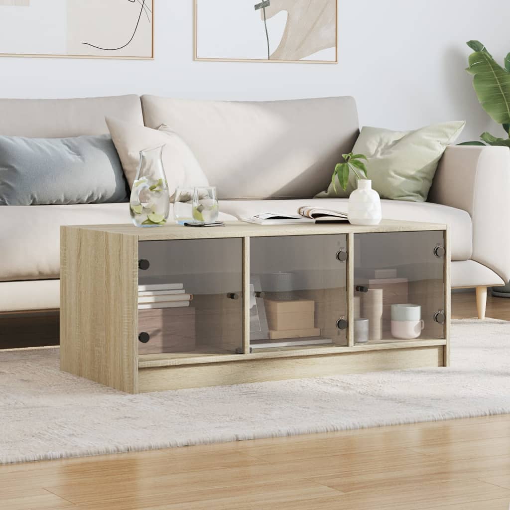 Salontafel met glazen deuren 102x50x42 cm sonoma eikenkleurig is nu te koop bij PeponiXL, paradijselijk wonen!