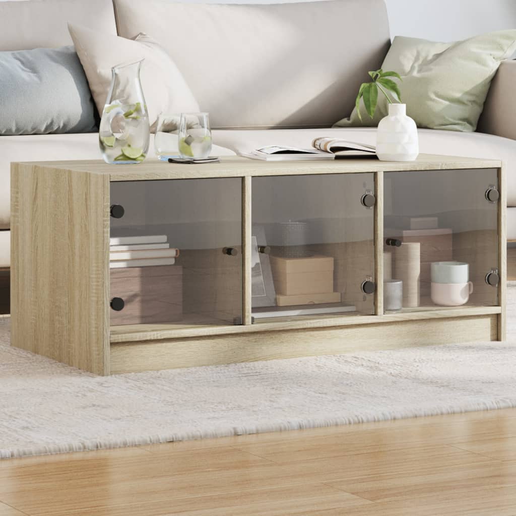 Salontafel met glazen deuren 102x50x42 cm sonoma eikenkleurig is nu te koop bij PeponiXL, paradijselijk wonen!