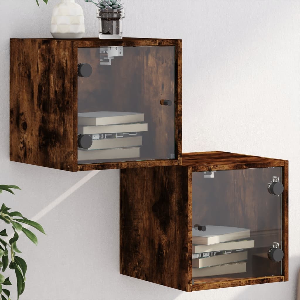 Nachtkastjes met glazen deuren 2 st 35x37x35 cm gerookt eiken is nu te koop bij PeponiXL, paradijselijk wonen!