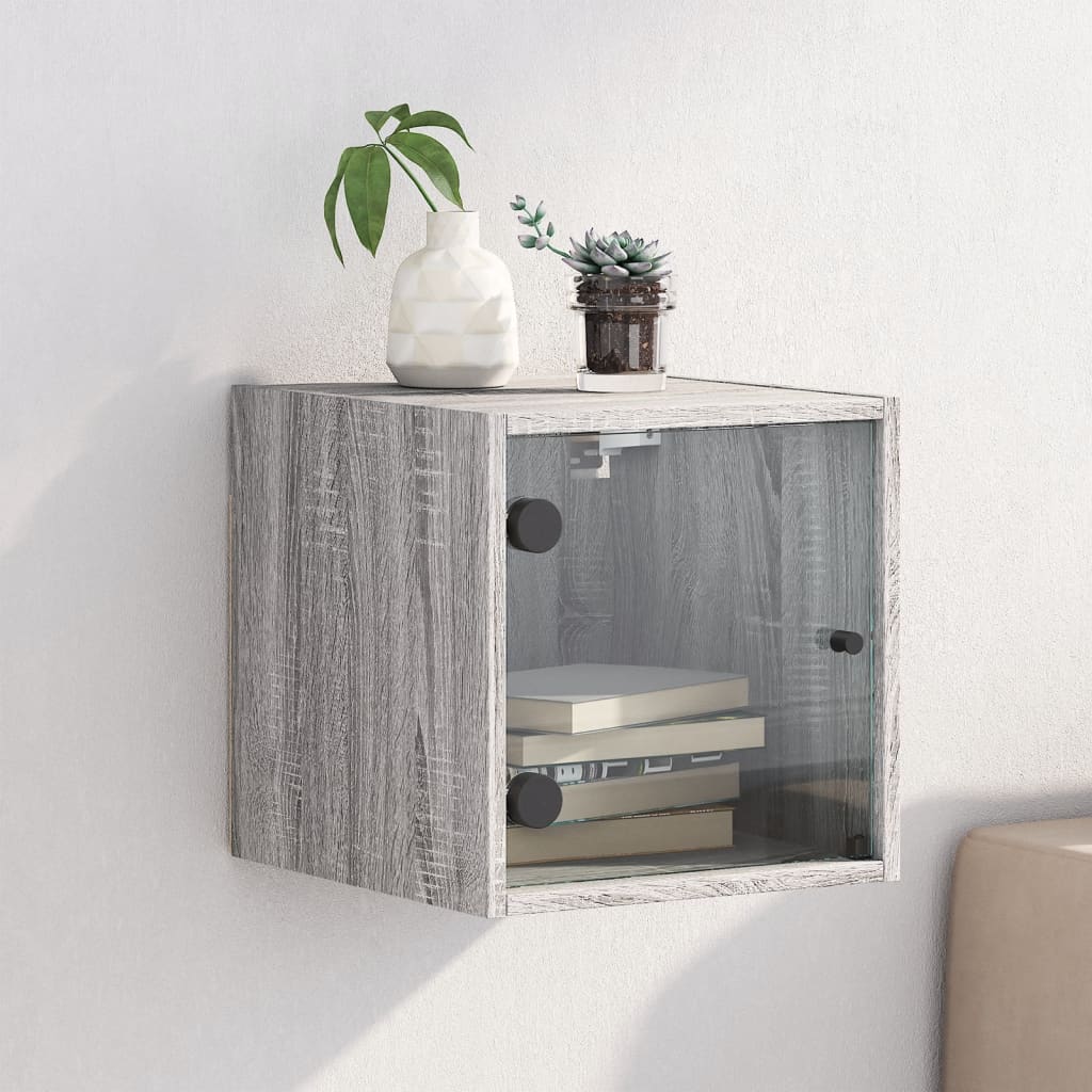 Nachtkastje met glazen deur 35x37x35 cm grijs sonoma eikenkleur is nu te koop bij PeponiXL, paradijselijk wonen!