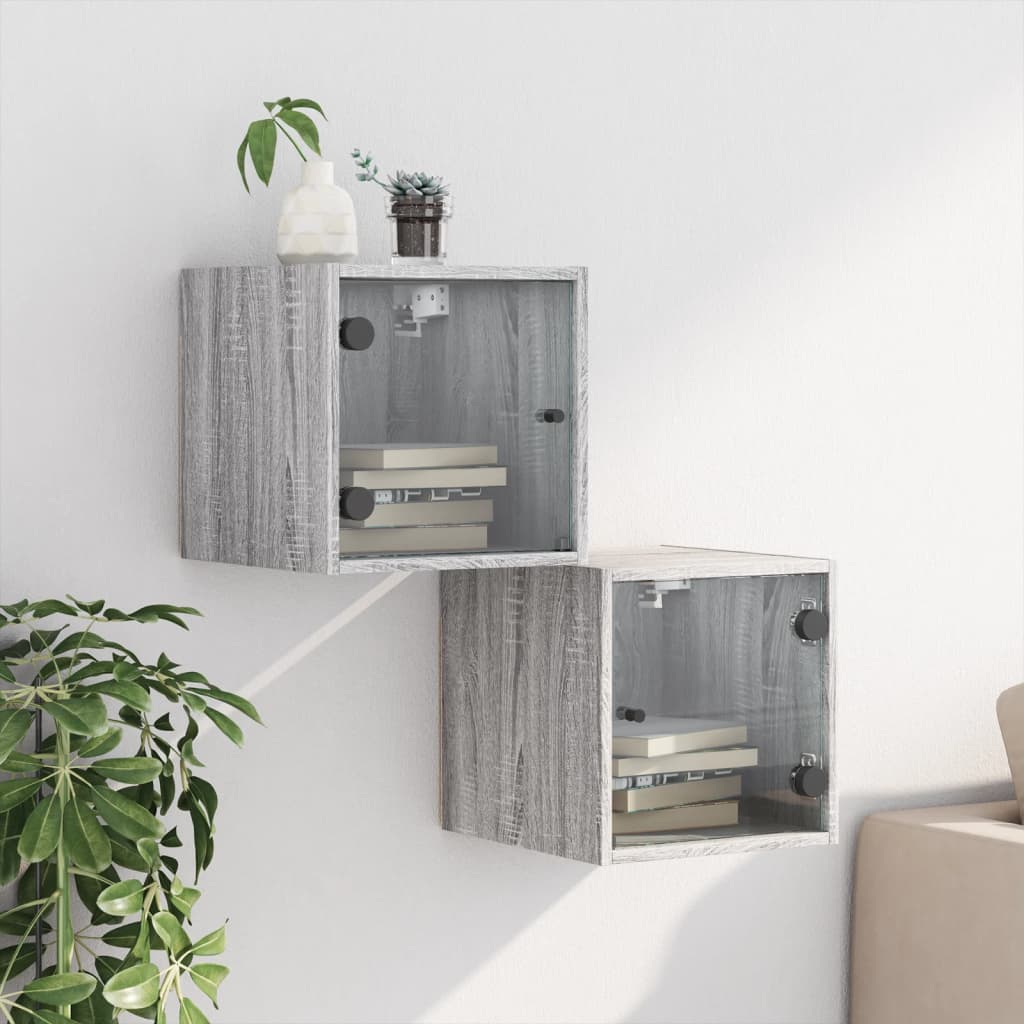 Nachtkastjes met glazen deuren 2 st 35x37x35 cm grijs sonoma is nu te koop bij PeponiXL, paradijselijk wonen!