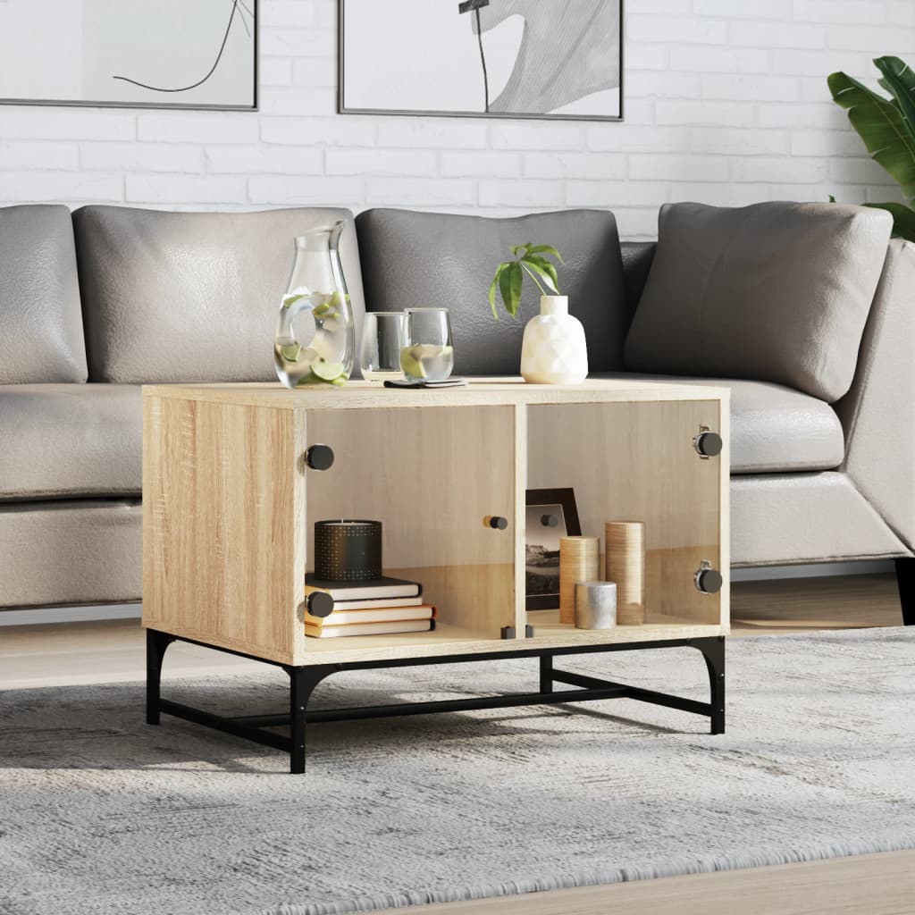Salontafel met glazen deuren 68,5x50x50 cm sonoma eikenkleurig is nu te koop bij PeponiXL, paradijselijk wonen!