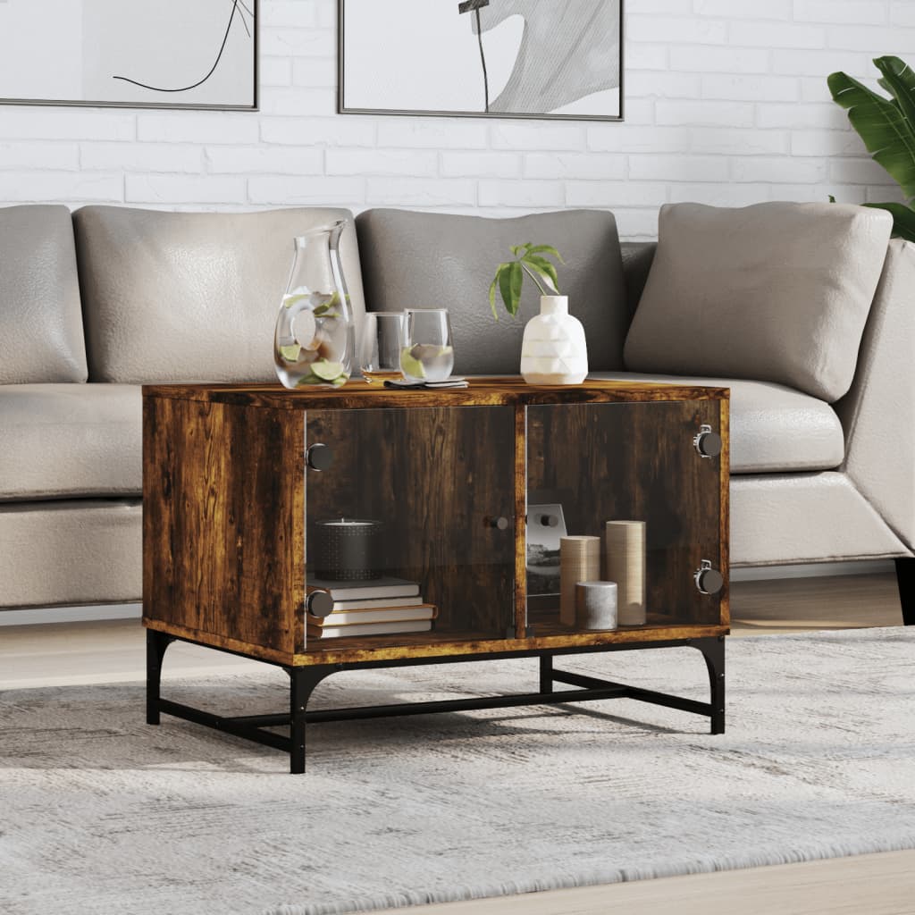 Salontafel met glazen deuren 68,5x50x50 cm gerookt eikenkleurig is nu te koop bij PeponiXL, paradijselijk wonen!