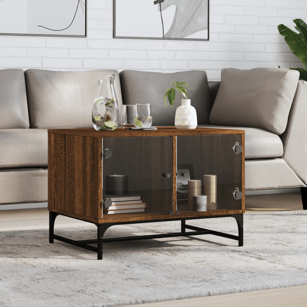Salontafel met glazen deuren 68,5x50x50 cm gerookt eikenkleurig is nu te koop bij PeponiXL, paradijselijk wonen!