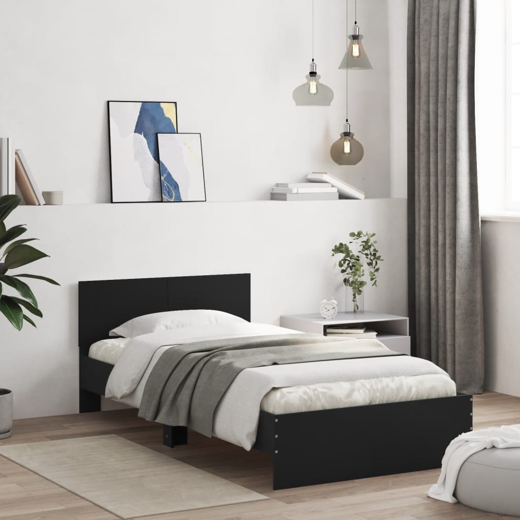 Bedframe met hoofdbord bewerkt hout zwart 100x200 cm is nu te koop bij PeponiXL, paradijselijk wonen!