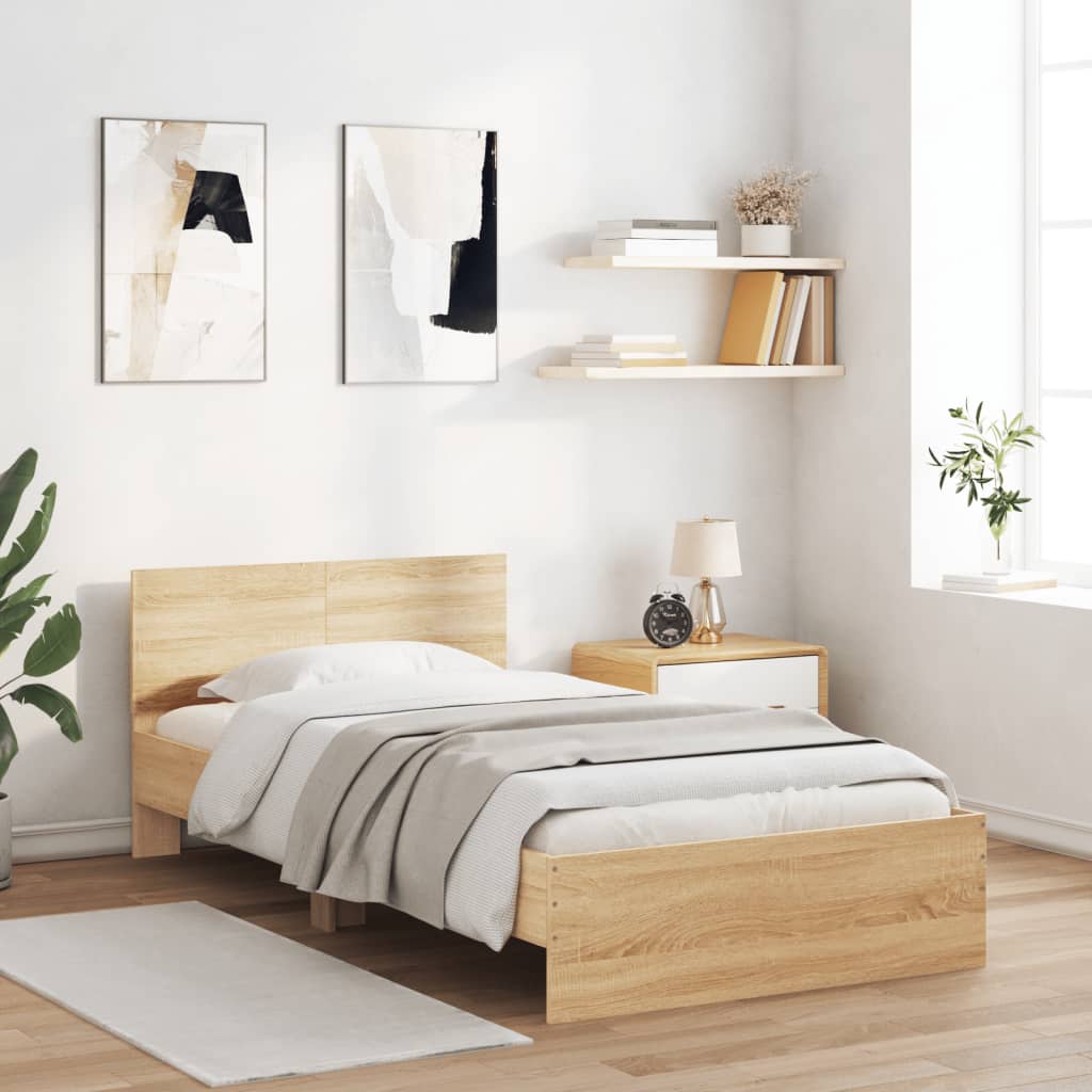 Bedframe met hoofdbord zonder matras sonoma eiken 100x200 cm is nu te koop bij PeponiXL, paradijselijk wonen!