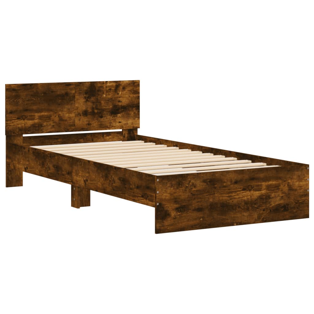 Bedframe met hoofdeinde bewerkt hout gerookt eiken 100x200 cm is nu te koop bij PeponiXL, paradijselijk wonen!