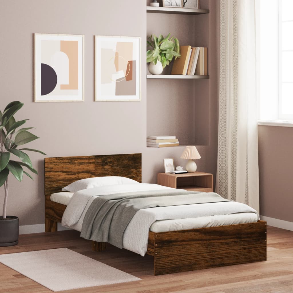 Bedframe met hoofdeinde bewerkt hout gerookt eiken 100x200 cm is nu te koop bij PeponiXL, paradijselijk wonen!