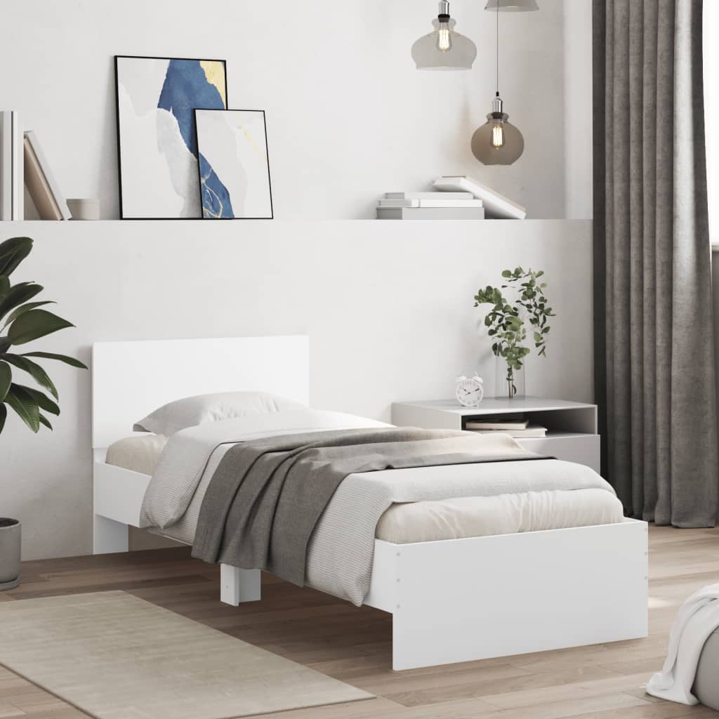 Bedframe met hoofdbord bewerkt hout wit 90x200 cm is nu te koop bij PeponiXL, paradijselijk wonen!