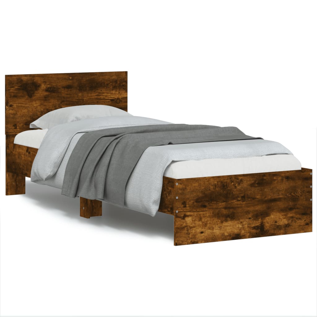 Bedframe met hoofdeinde bewerkt hout gerookt eiken 90x190 cm is nu te koop bij PeponiXL, paradijselijk wonen!