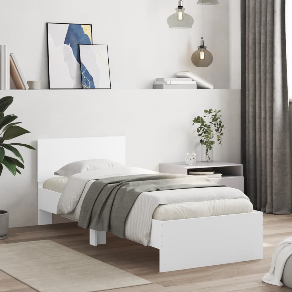 Bedframe met hoofdbord bewerkt hout wit 75x190 cm is nu te koop bij PeponiXL, paradijselijk wonen!