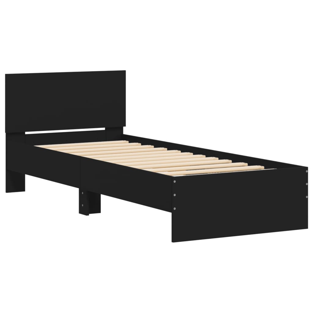 Bedframe met hoofdbord bewerkt hout zwart 75x190 cm is nu te koop bij PeponiXL, paradijselijk wonen!