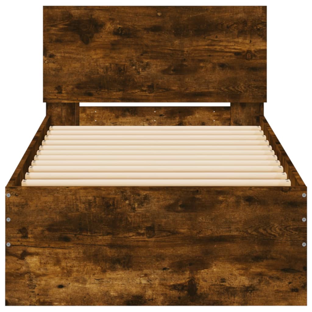 Bedframe met hoofdbord bewerkt hout gerookt eiken 75x190 cm is nu te koop bij PeponiXL, paradijselijk wonen!
