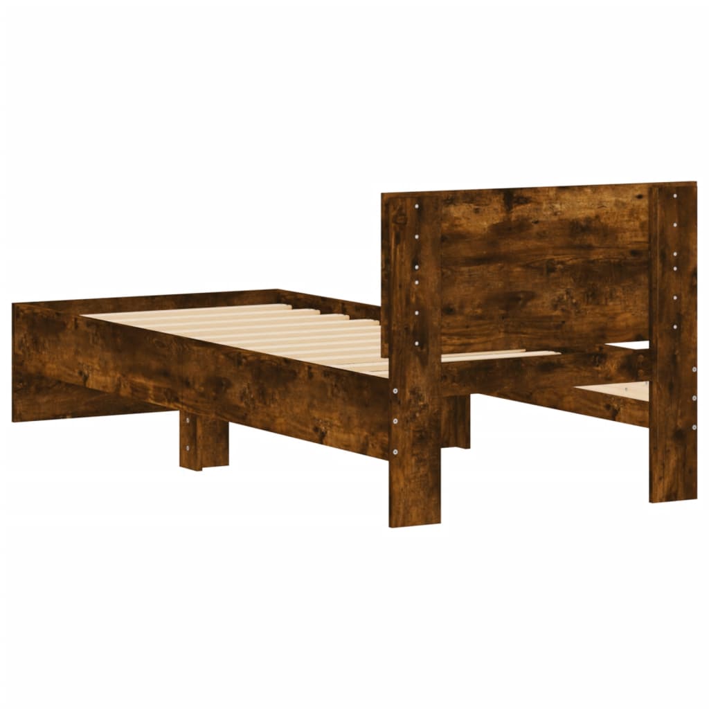 Bedframe met hoofdbord bewerkt hout gerookt eiken 75x190 cm is nu te koop bij PeponiXL, paradijselijk wonen!
