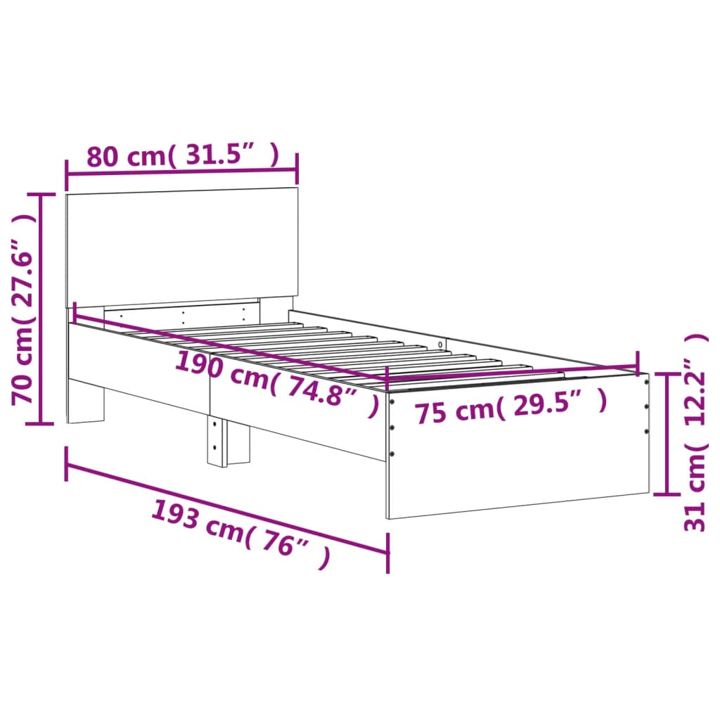 Bedframe met hoofdbord bewerkt hout gerookt eiken 75x190 cm is nu te koop bij PeponiXL, paradijselijk wonen!