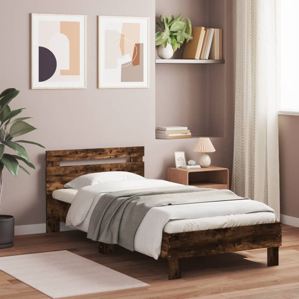 Bedframe met hoofdbord en LED gerookt eikenkleurig 90x200 cm is nu te koop bij PeponiXL, paradijselijk wonen!