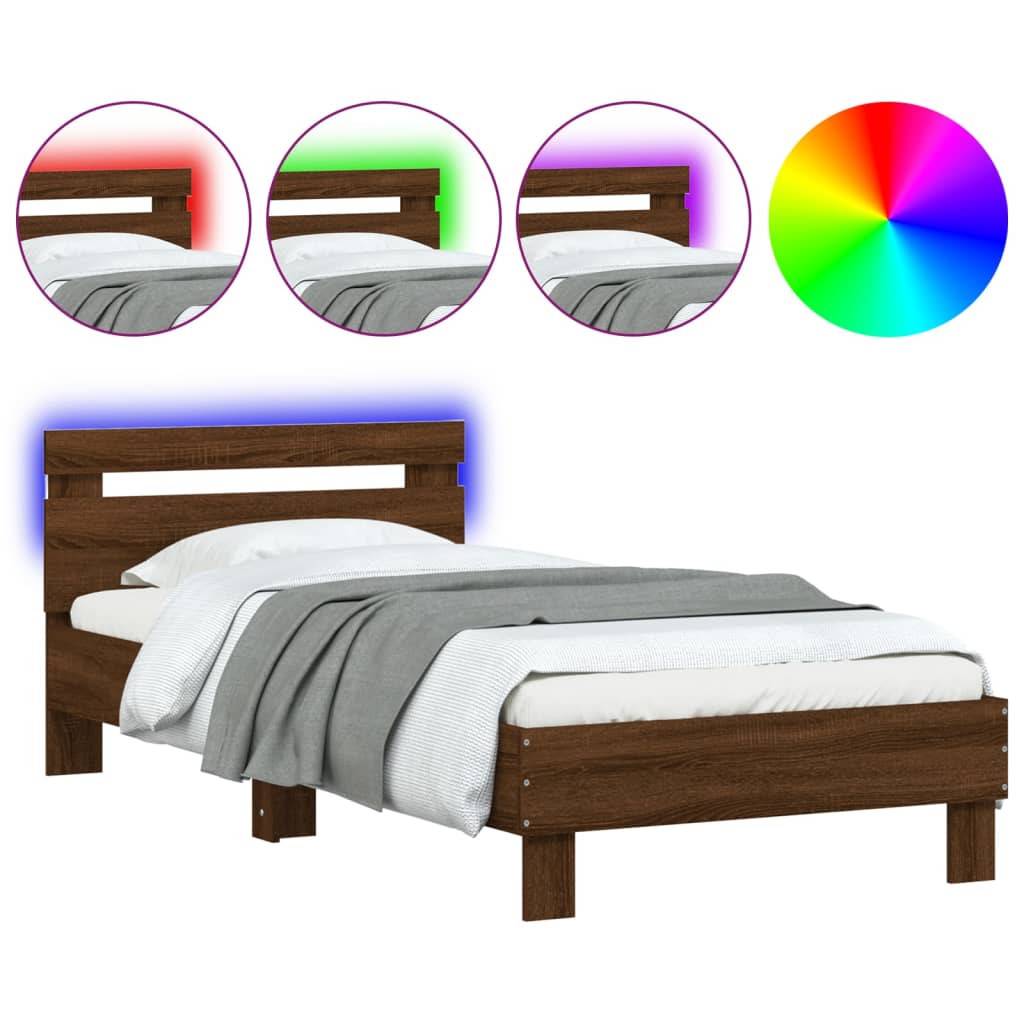 Bedframe met hoofdbord en LED bruin eikenkleur 90x200 cm is nu te koop bij PeponiXL, paradijselijk wonen!