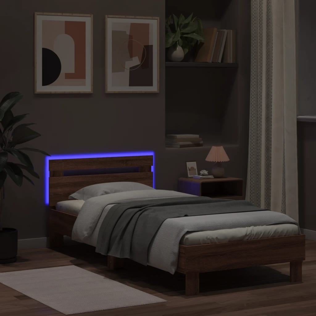 Bedframe met hoofdbord en LED bruin eikenkleur 90x200 cm is nu te koop bij PeponiXL, paradijselijk wonen!