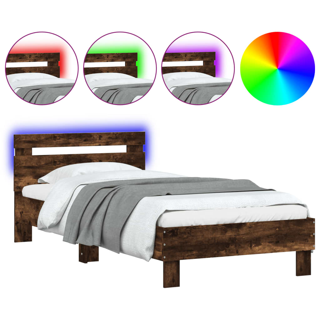 Bedframe met hoofdbord en LED gerookt eikenkleurig 90x190 cm is nu te koop bij PeponiXL, paradijselijk wonen!