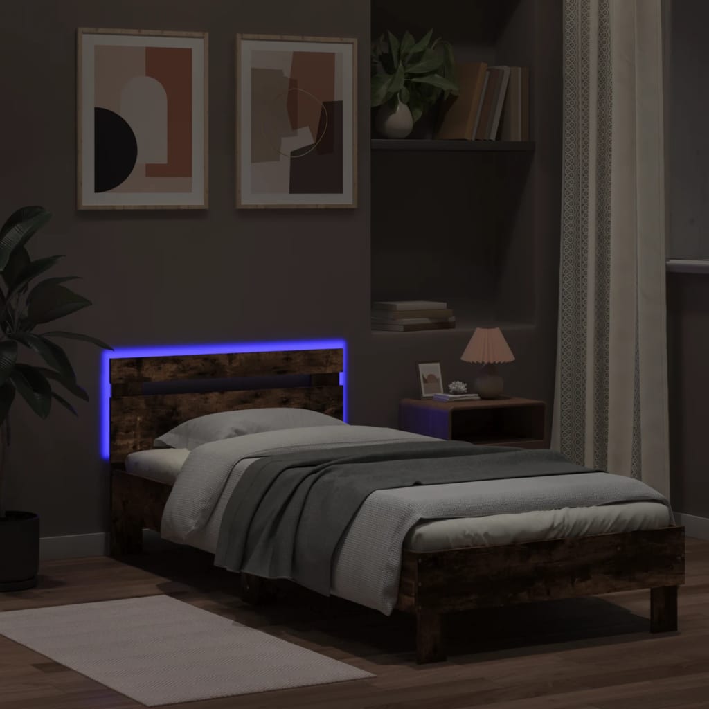 Bedframe met hoofdbord en LED gerookt eikenkleurig 90x190 cm is nu te koop bij PeponiXL, paradijselijk wonen!