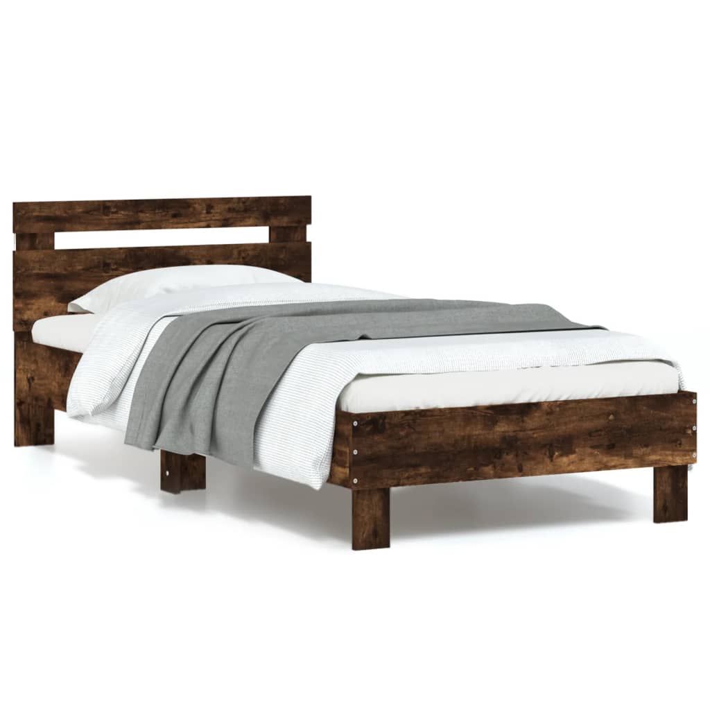 Bedframe met hoofdbord en LED gerookt eikenkleurig 90x190 cm is nu te koop bij PeponiXL, paradijselijk wonen!