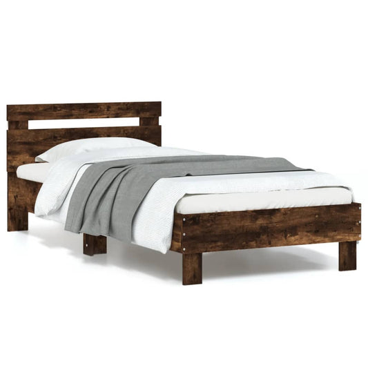 Bedframe met hoofdbord en LED gerookt eikenkleurig 90x190 cm is nu te koop bij PeponiXL, paradijselijk wonen!