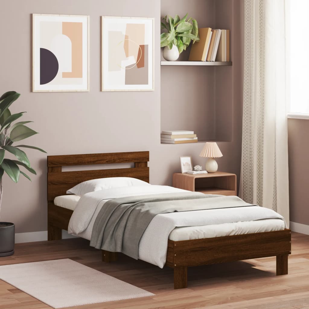 Bedframe met hoofdbord en LED bruin eikenkleur 90x190 cm is nu te koop bij PeponiXL, paradijselijk wonen!