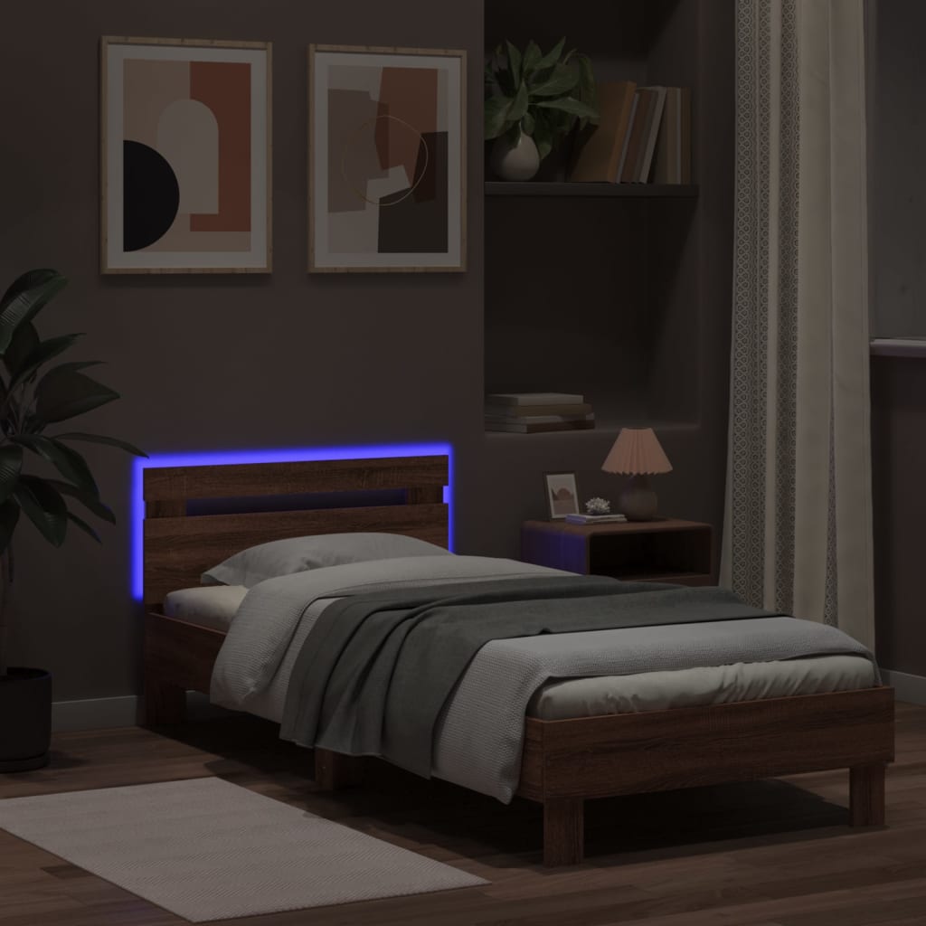 Bedframe met hoofdbord en LED bruin eikenkleur 90x190 cm is nu te koop bij PeponiXL, paradijselijk wonen!