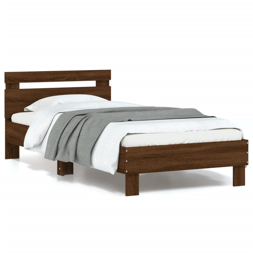Bedframe met hoofdbord en LED bruin eikenkleur 90x190 cm is nu te koop bij PeponiXL, paradijselijk wonen!