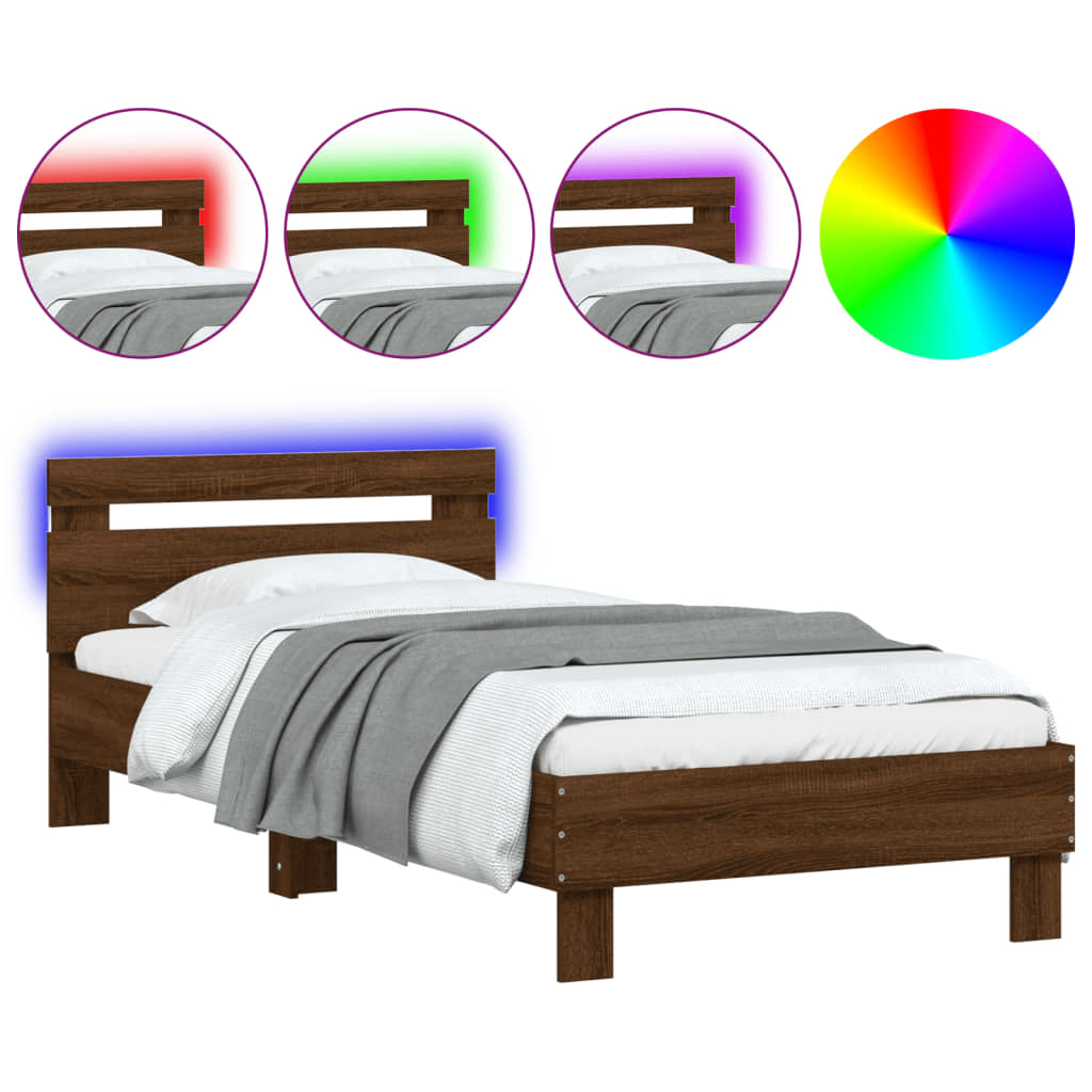 Bedframe met hoofdbord en LED bruin eikenkleur 75x190 cm is nu te koop bij PeponiXL, paradijselijk wonen!