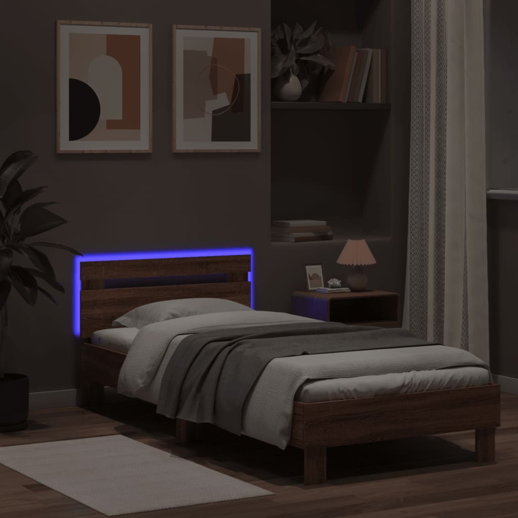 Bedframe met hoofdbord en LED bruin eikenkleur 75x190 cm is nu te koop bij PeponiXL, paradijselijk wonen!