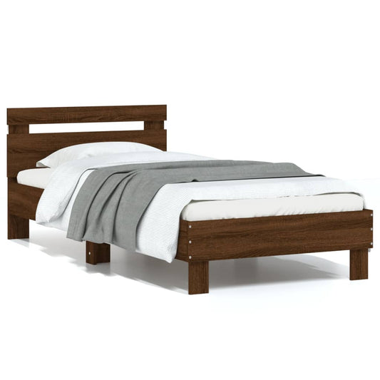 Bedframe met hoofdbord en LED bruin eikenkleur 75x190 cm is nu te koop bij PeponiXL, paradijselijk wonen!
