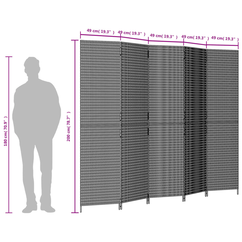 Kamerscherm 5 panelen poly rattan zwart is nu te koop bij PeponiXL, paradijselijk wonen!