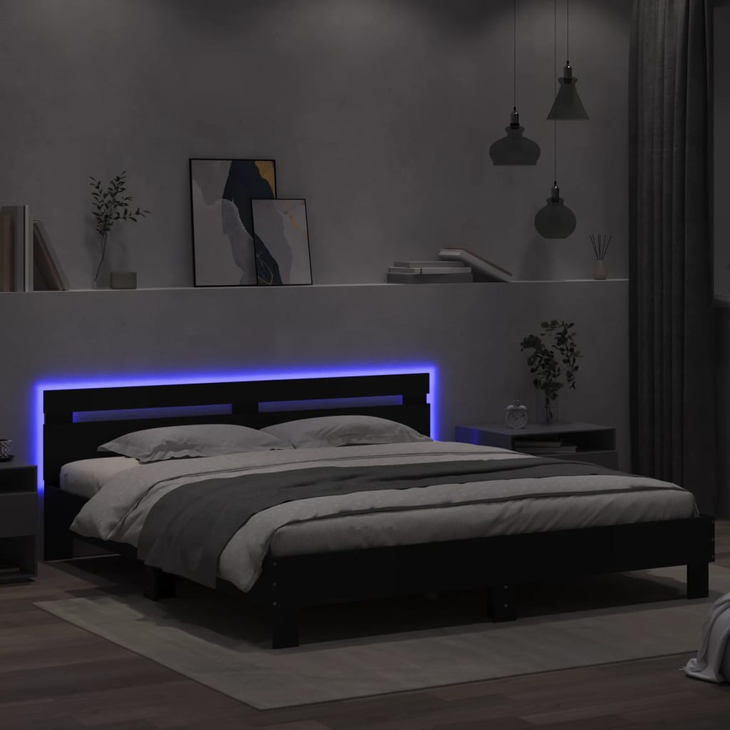 Bedframe met hoofdeinde en LED-verlichting zwart 160x200 cm is nu te koop bij PeponiXL, paradijselijk wonen!