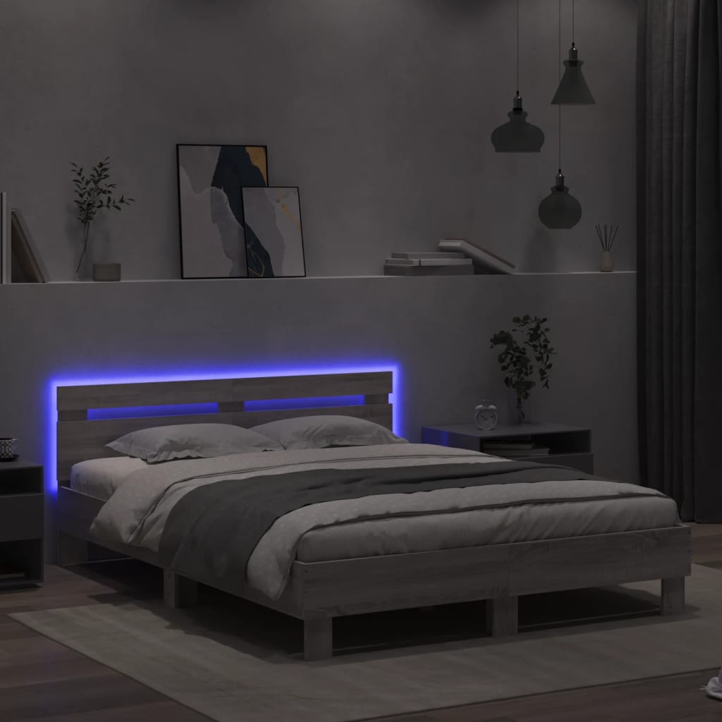 Bedframe met hoofdeinde en LED grijs sonoma eiken 140x200 cm is nu te koop bij PeponiXL, paradijselijk wonen!