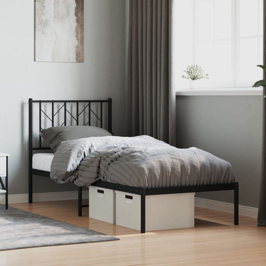 Bedframe met hoofdbord metaal zwart 75x190 cm is nu te koop bij PeponiXL, paradijselijk wonen!