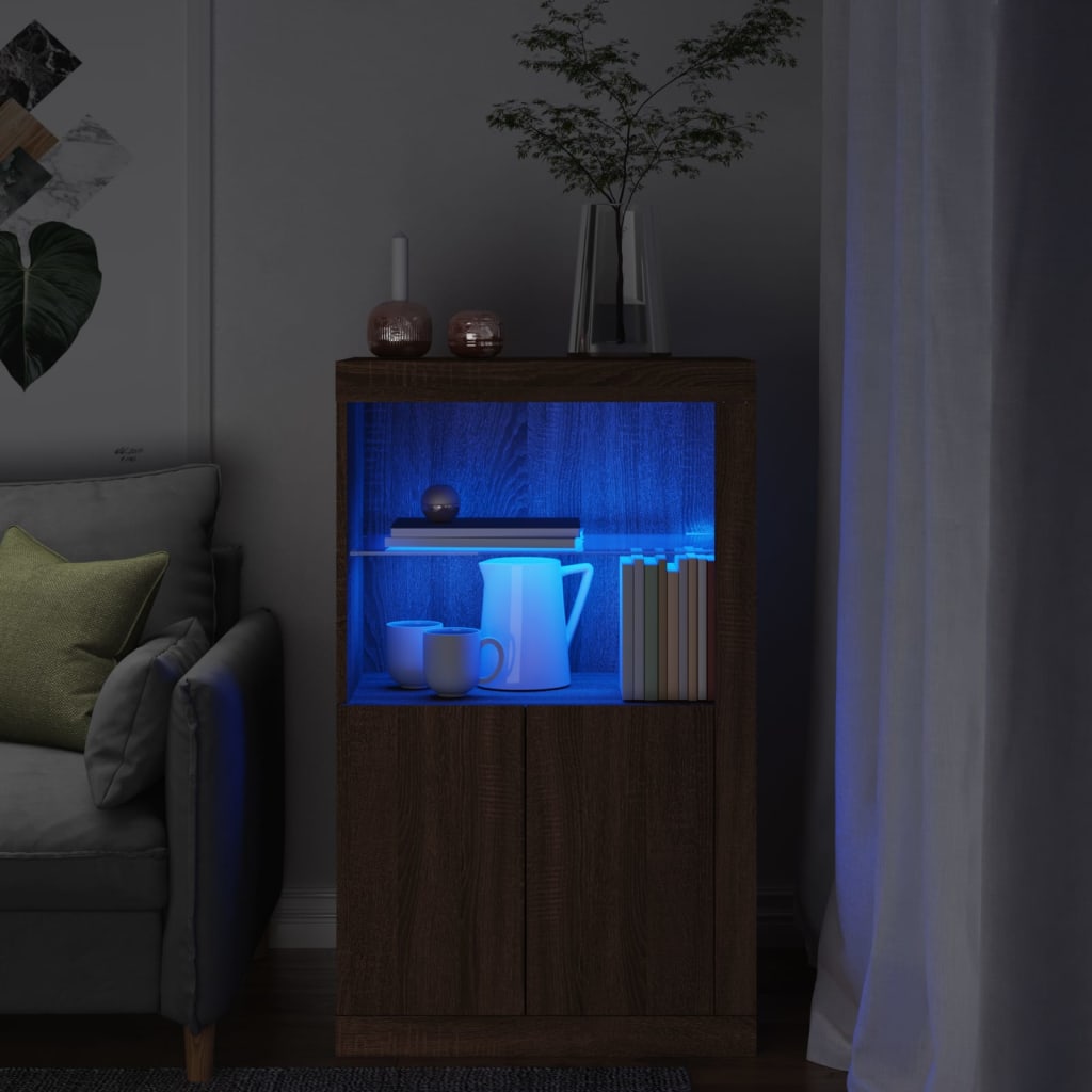 Bijzetkast met LED-verlichting bewerkt hout bruin eikenkleur is nu te koop bij PeponiXL, paradijselijk wonen!