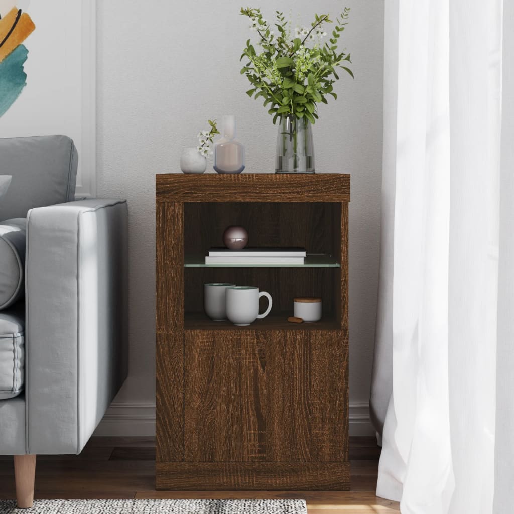 Bijzetkast met LED-verlichting bewerkt hout bruin eikenkleur is nu te koop bij PeponiXL, paradijselijk wonen!