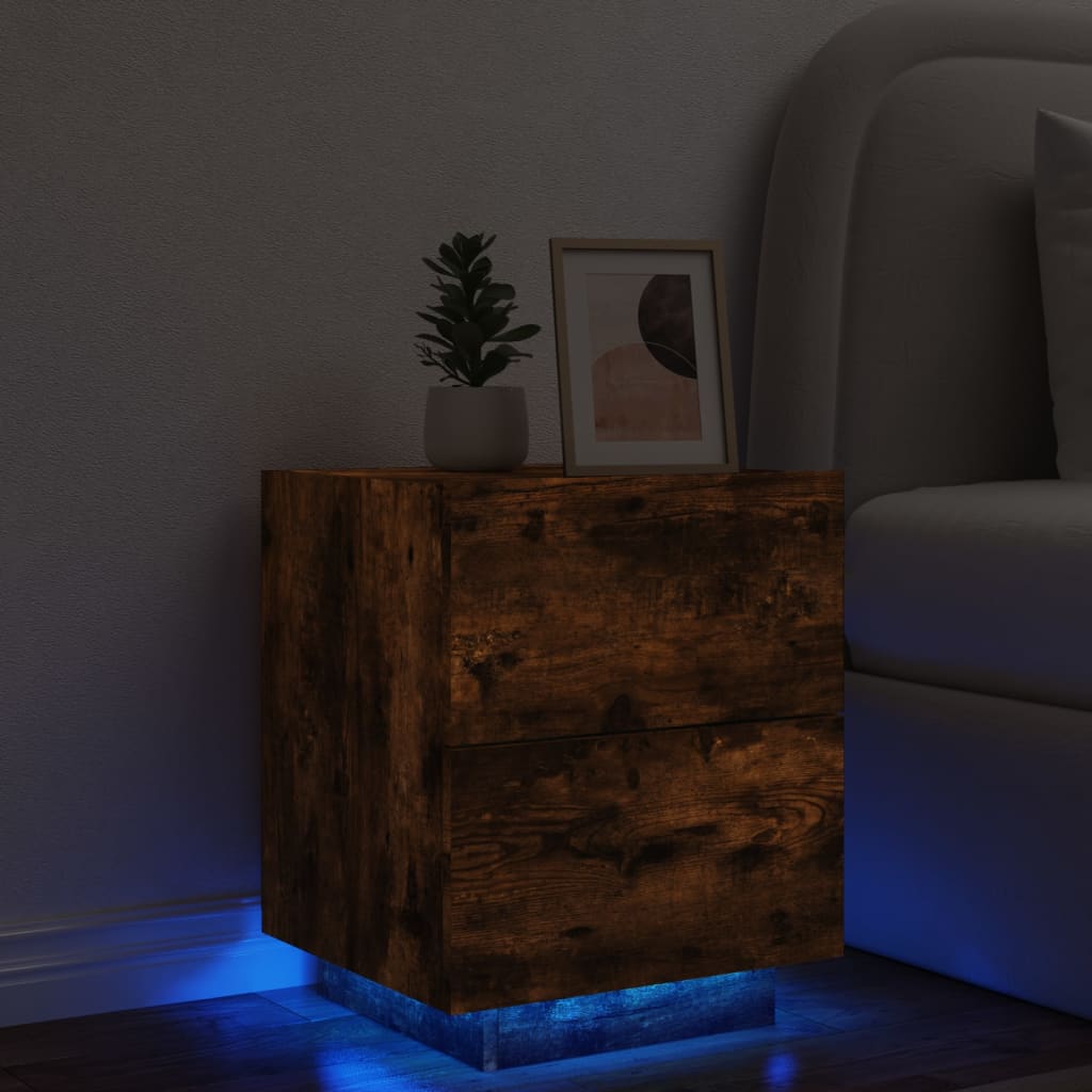 nachtkastje met LED-verlichting bewerkt hout gerookt eikenkleur is nu te koop bij PeponiXL, paradijselijk wonen!