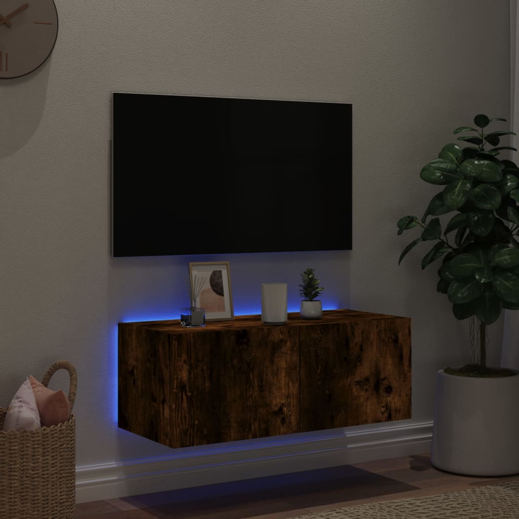 Tv-wandmeubel met LED-verlichting 80x35x31 cm gerookt eiken is nu te koop bij PeponiXL, paradijselijk wonen!